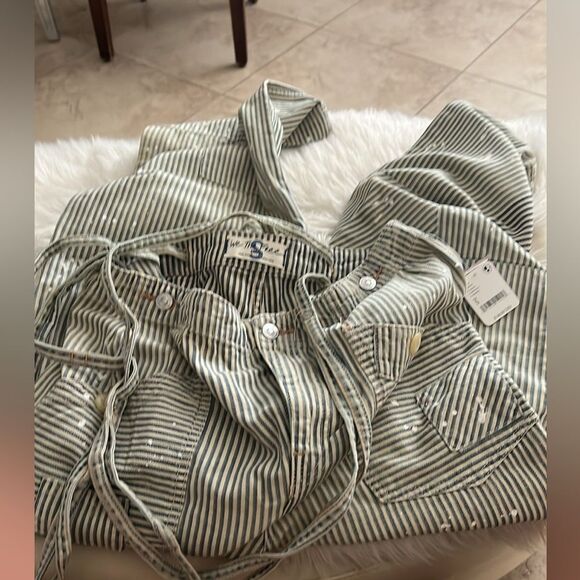 Free People Striped Overalls in Olive and White - Picture 7 of 10